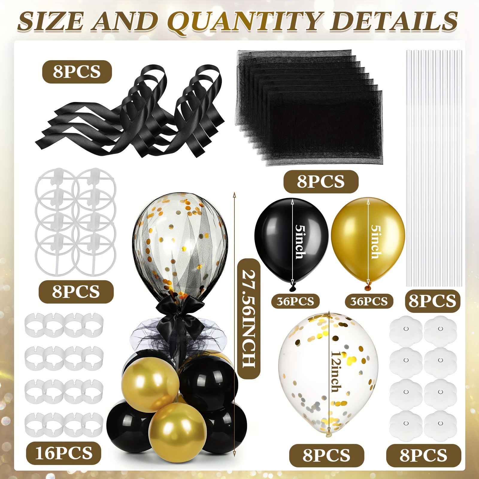 8 Set, Black & Gold Balloon Ce - Centerpiece Stick 评论和价格