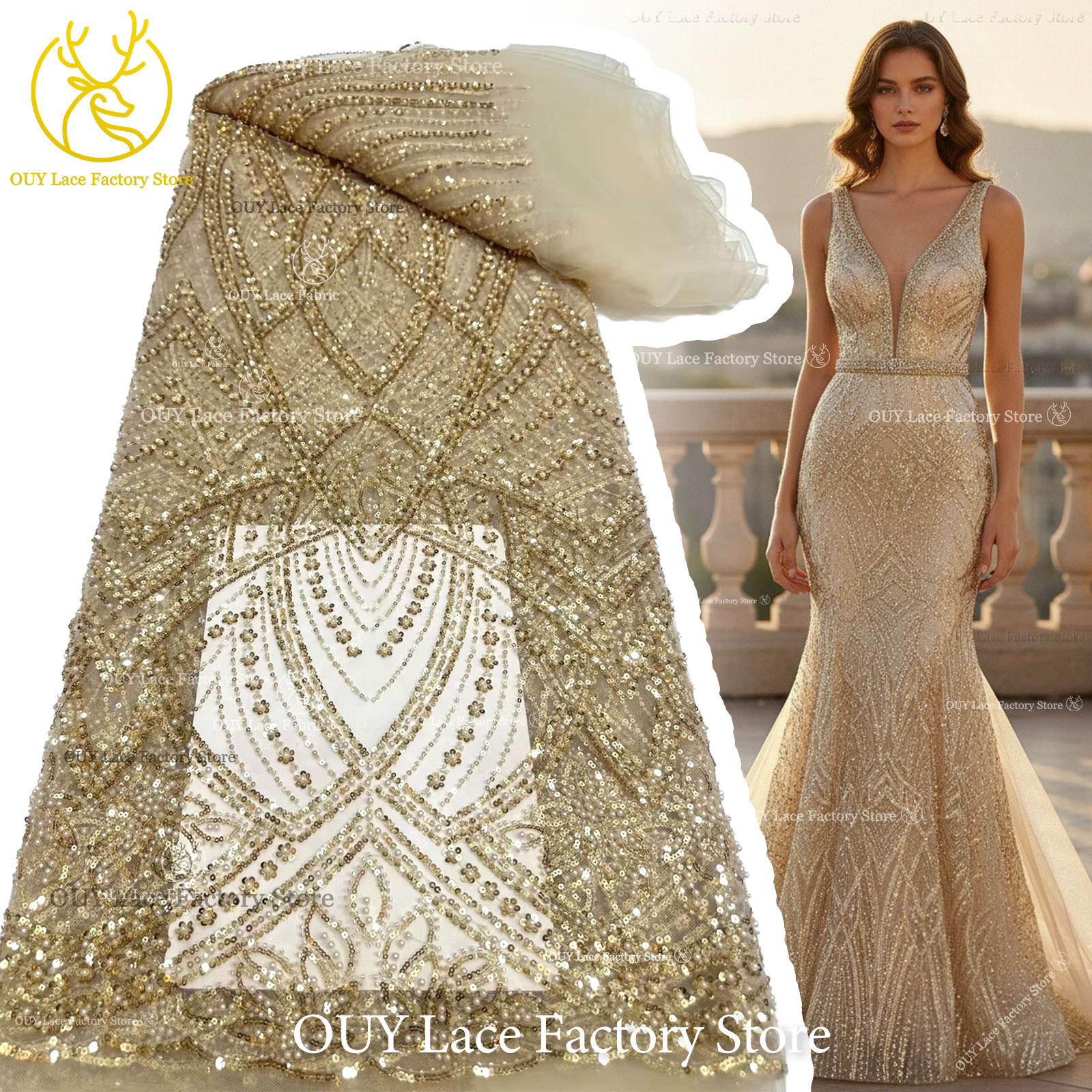 African Gold Beaded Lace Fabri - Glitter Tablecloth 评论和价格