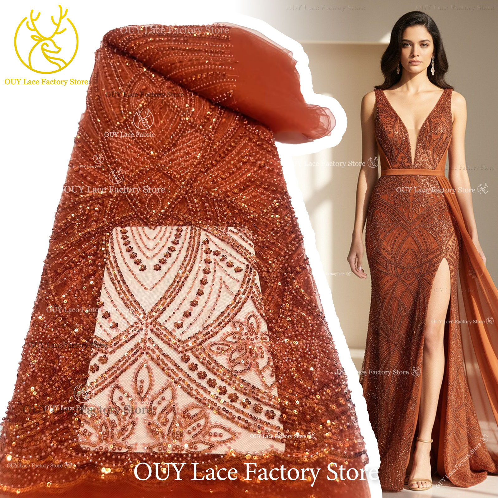 African Gold Beaded Lace Fabri - Glitter Tablecloth 评论和价格